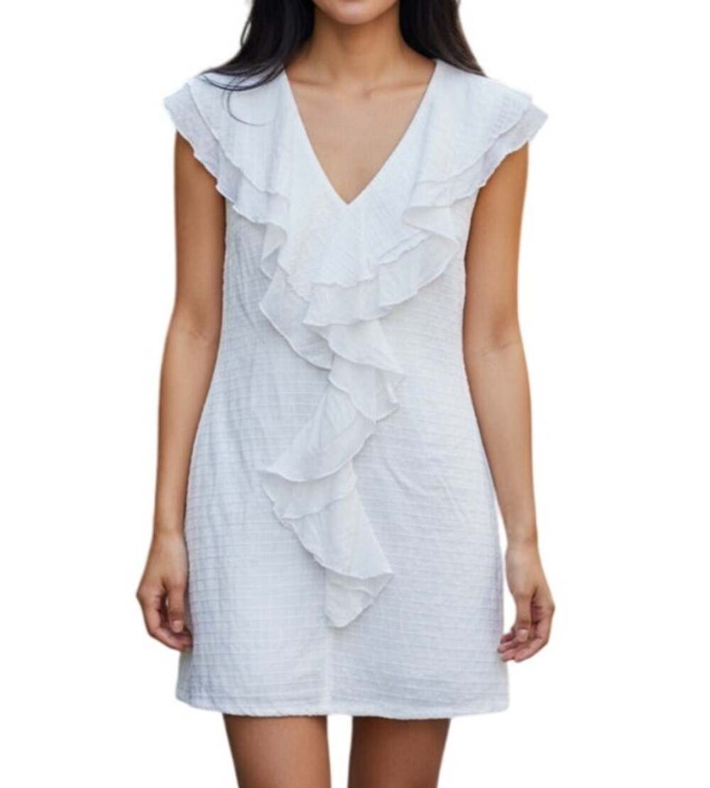 Tocca Women's 4 White Sleeveless Ruffled Front V-Neck Short Formal Dress